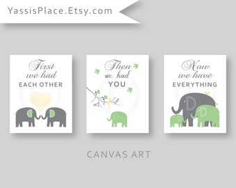 CANVAS Art, Elephant Family, Baby boy, Yellow Green Gray nursery decor, Kids Wall Art, First we had each other Set of 3 by YassisPlace
