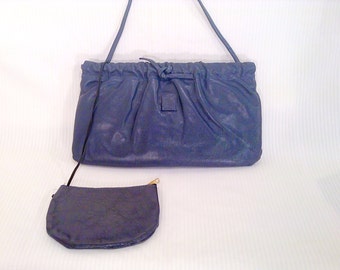 Vintage Navy Leather Clutch or Purse with Coin Purse Free Shipping