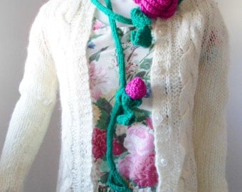 Crochet Rose Lariat Necklace or Scarf with Dark Pink Rose and Rosebuds in Wool