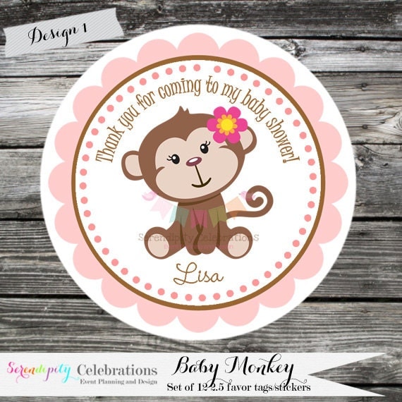 Set of 12 Personalized Favor Tags -Monkey -Thank You Tag -Gift Tag -Baby Shower -Birthday-Sticker-Pink -Blue Il_570xn
