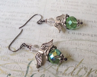 Green Angel Wing Earrings, ON SALE, Angel Jewelry, Angel Earrings, Green Earrings, Wedding Earrings, Victorian Inspired