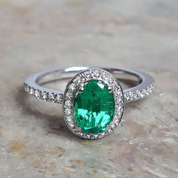 Green Emerald Halo Engagement Ring 14k White Gold or by ldiamonds