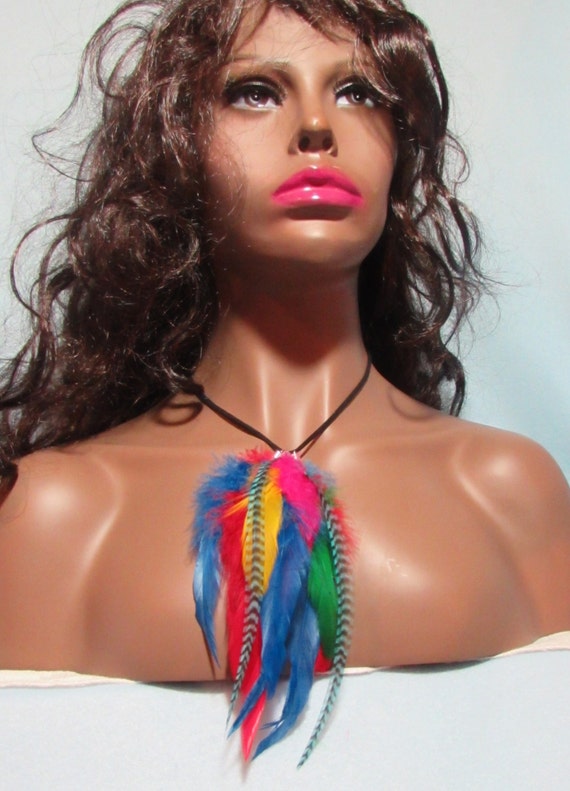Full and Colorful Feather Necklace on Black Faux Suede Rope byEarthlites™
