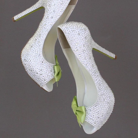 Wedding Shoes -- Silver Rhinestone Covered Platform Peep Toe Wedding Shoes with Lime Green Bow and Painted Sole