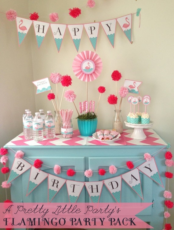 FLAMINGO Birthday Party Pack - Pool or Beach Party Digital files - Party Supplies - INSTANT DOWNLOAD Il_570xn