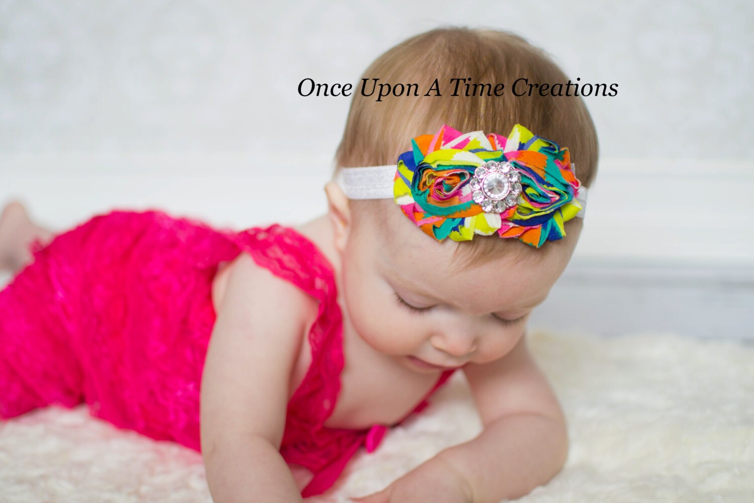 Splash of Rainbow Print Shabby Chic Flower Rose Headband - Photo Prop Hairbow - Newborn Baby - Little Girls Hair Bow