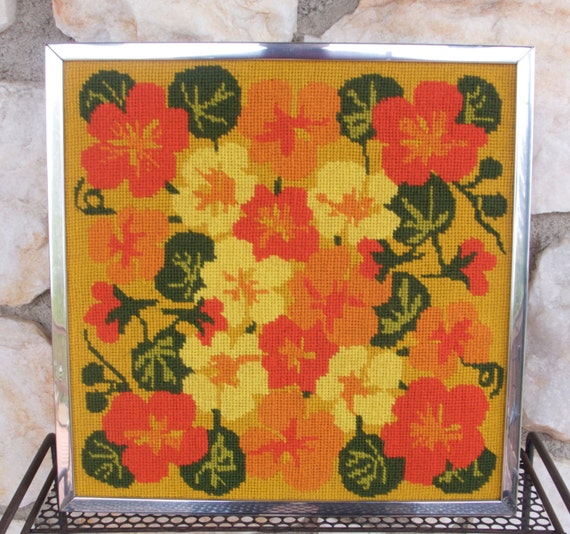 Vintage Flower Needlepoint Embroidery Wall Hanging in Silver
