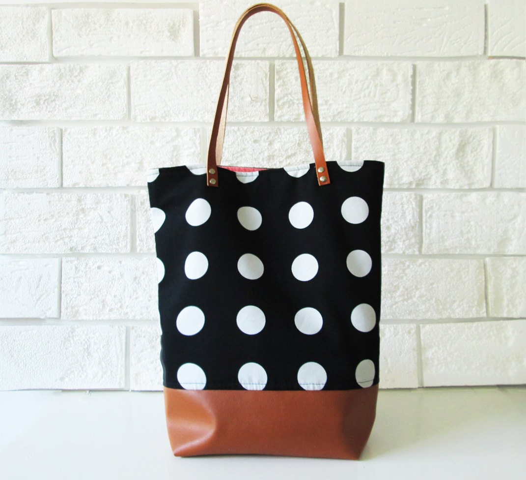 Large Polka dot Tote bag Shoppers bag Black and white