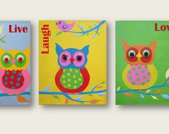Live Laugh Love art PRINTS for kids three owls owl art print, Childrens Unisex Wall Art prints from my original acrylic painting Nursery art