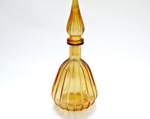 1960s Retro Vintage Amber Glass Decanter Genie Bottle with Stopper, Apothecary, Pharmacy