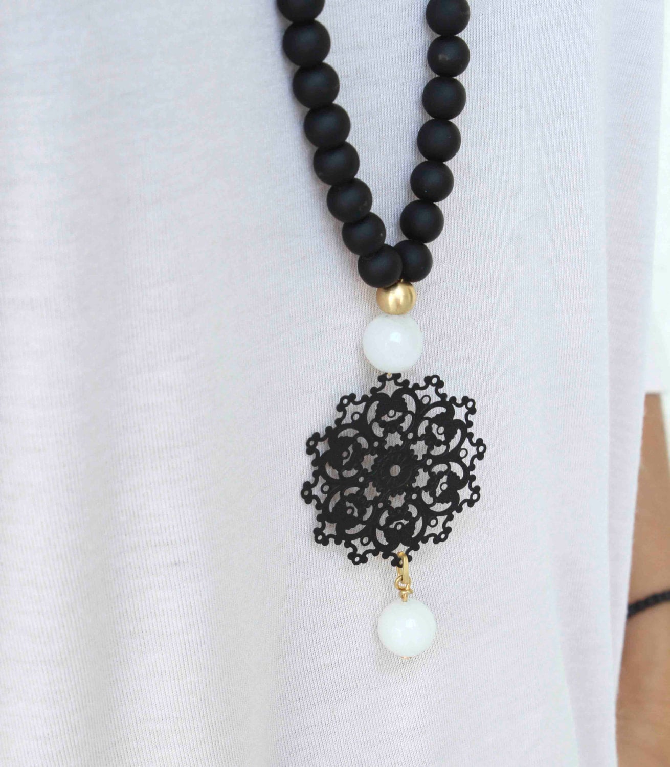 Black and white Necklace Long Pendant Necklace Black