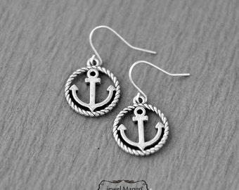 Silver Anchor earrings, Silver anchor, nautical, summer earrings, circle anchor, round frame, nautical jewelry by jewelmango
