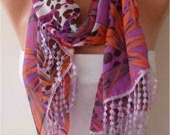 Floral Chiffon Scarf with Lace Trim Edge