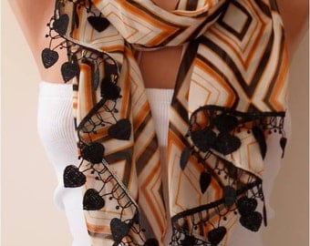 Caramel Chiffon Scarf with Heart Shape Lace Trim Edge