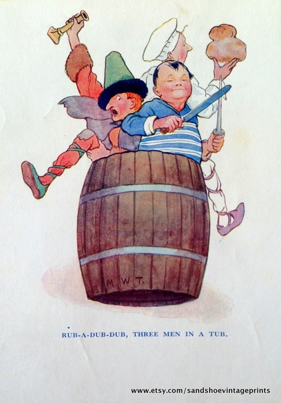 1910s Three MEN In A TUB Nursery Rhyme Print by Margaret