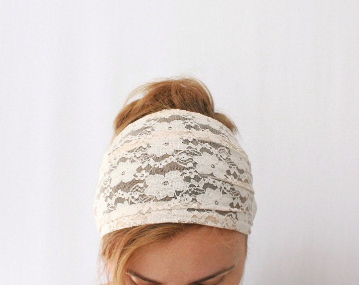 wide lace headband peachy beige lace bandana head band bridal