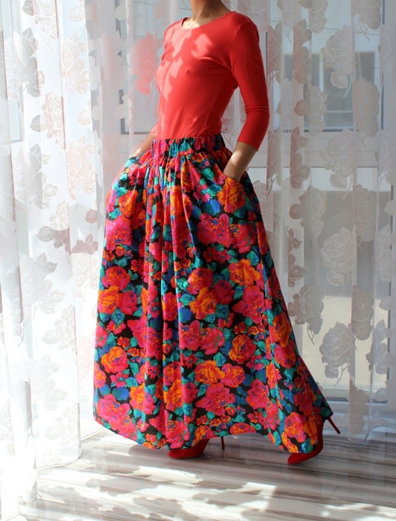 Multicolored Floral Maxi Long Cotton Party Skirt /Spring