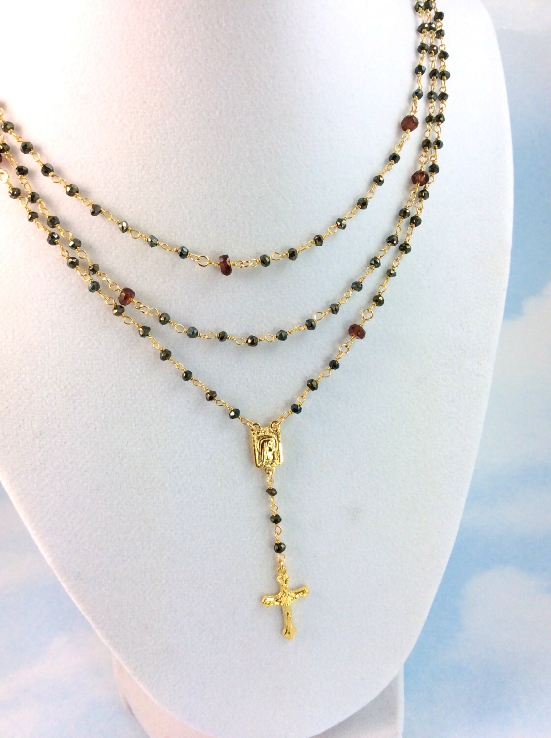 Rosary Necklace Women Multi Strand Gold Filled Pyrite Garnet