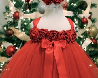 Holiday Sleigh Bells Tutu Dress made in Red Tulle on a Red Crochet Tutu Top trimmed in Red Satin Roses and Satin Ribbon by My Precious Tutu