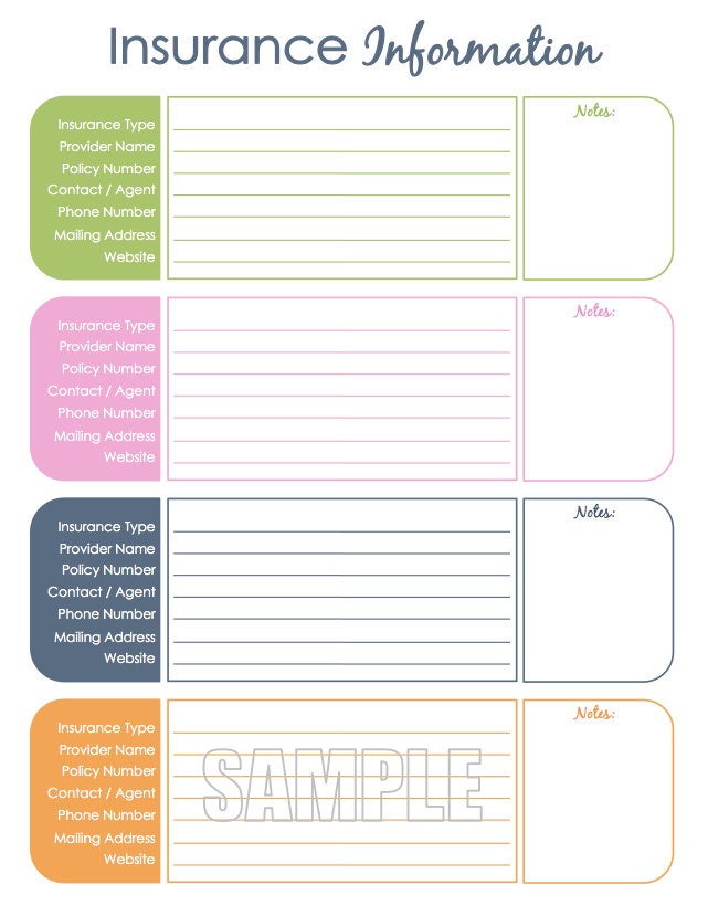 Insurance Information Organizing Printable Editable