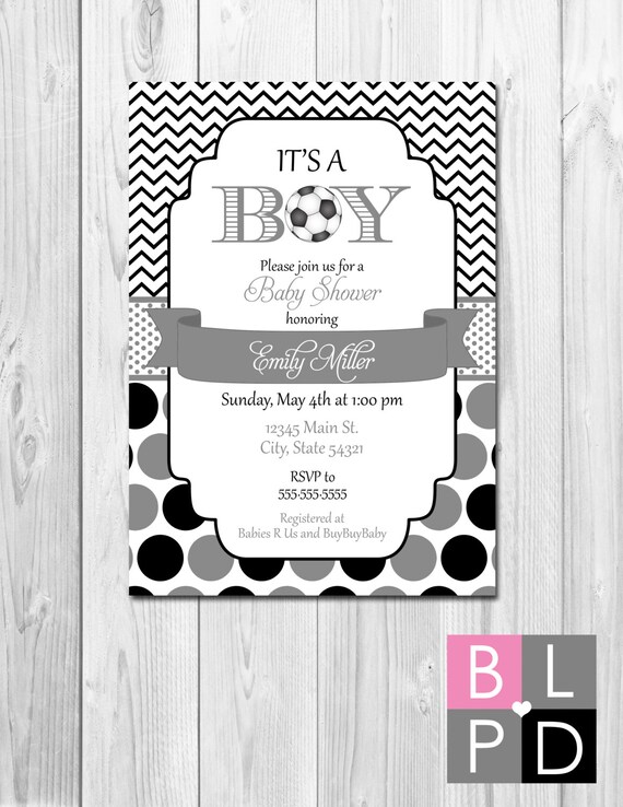 Soccer Baby Shower Invitation - Chevron Stripes and Polka Dots - Black and Grey - DIY - Printable Il_570xn