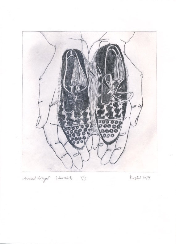 Cute shoes drypoint, original art, printmaking, pattern shoes, elegant ...