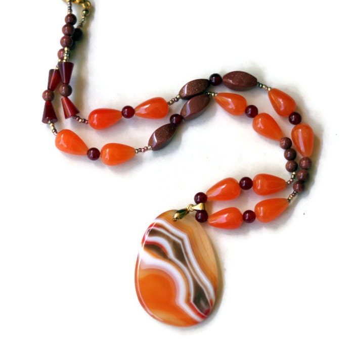 Long Orange Red Sardonyx Pendant Necklace Natural by ALFAdesigns