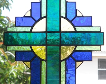 Stained Glass Cross Suncatcher, Blue/Green #108