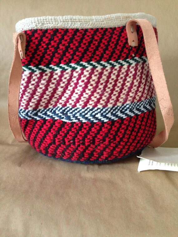 Items similar to Handwoven Kenyan market tote bag with leather handles