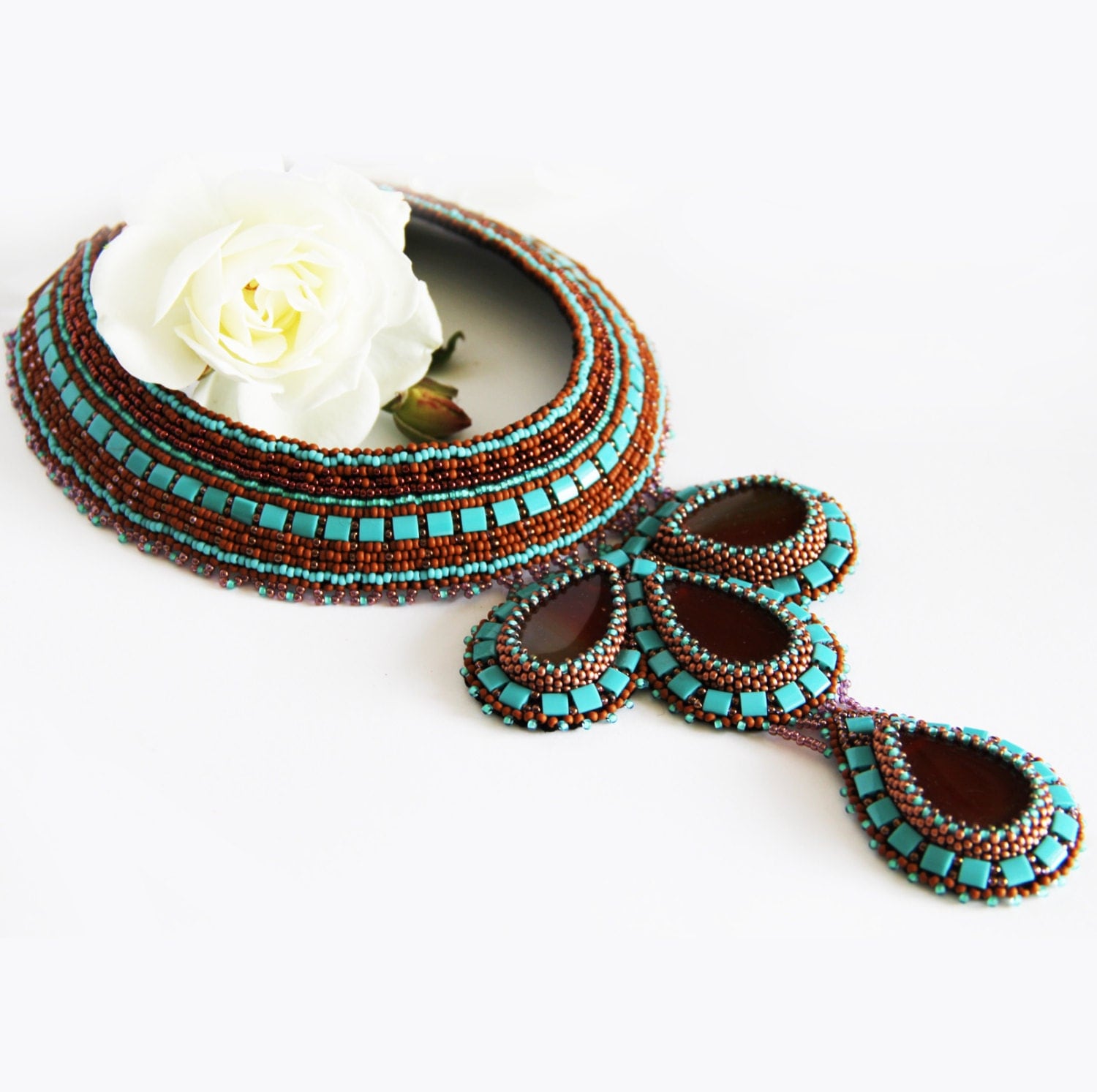Statement Bead embroidery collar necklace with Carnelian