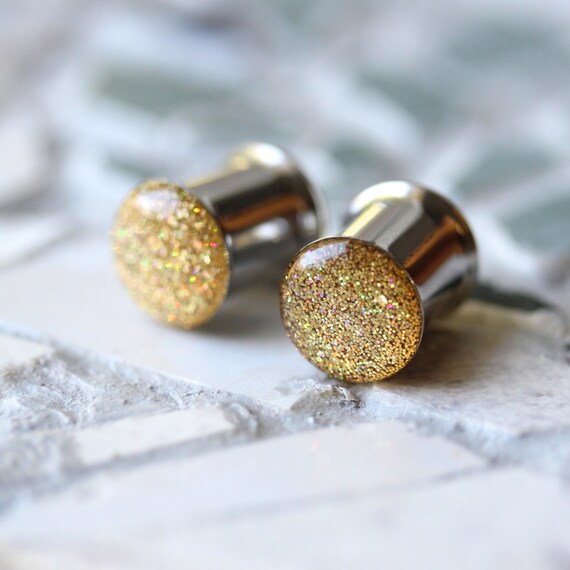 Gold Glitter Ear Plugs, Sparkly Gold Ear Gauges, Resin Gauges, Plugs ...