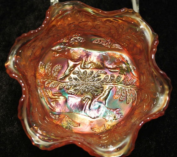 Antique Fenton Bowl Carnival Glass Panther Individual Berry Bowl Marigold Footed Butterfly Berry Heart Vine 1911 Victorian Art Glass Bowl