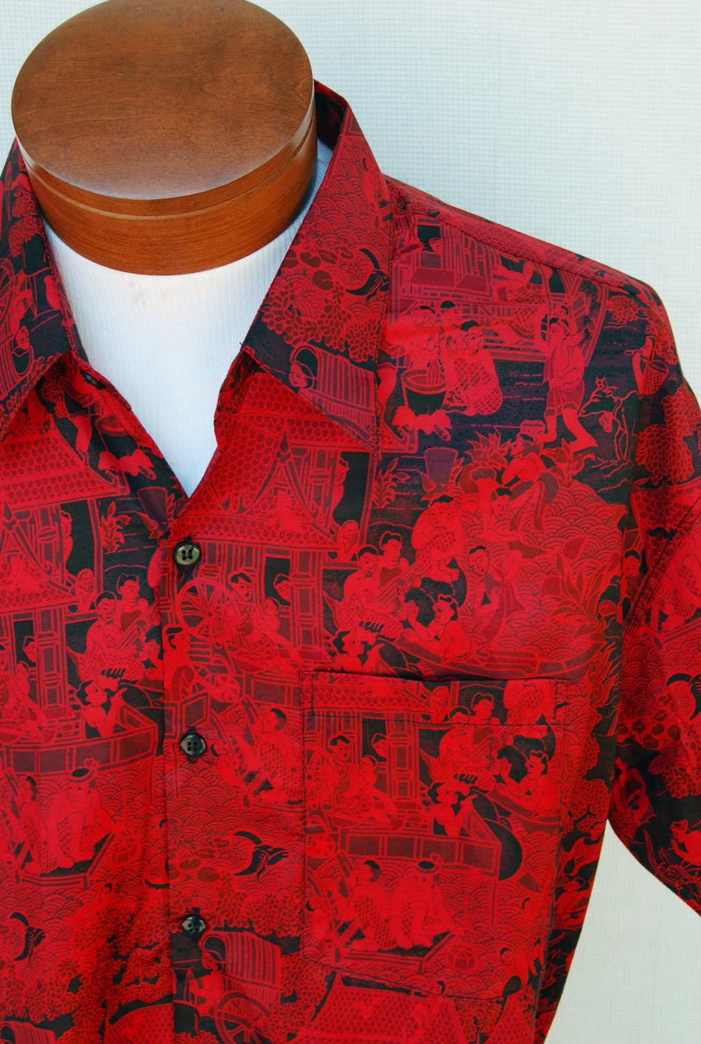 Vintage Asian Print Thai Silk Shirt Red Black Short Sleeve