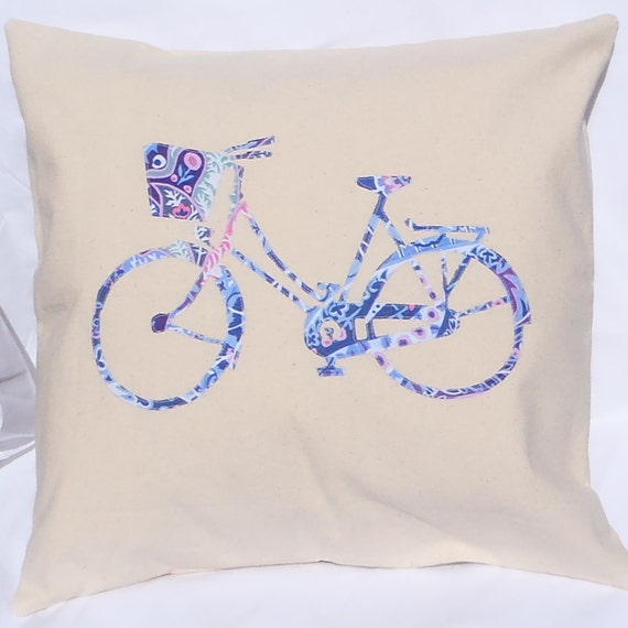 Canvas cushion cover bicycle applique 17 inch pillow in blue