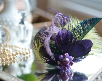 Beautiful Purple and Chartreuse Feather Hair Clip - Fascinator