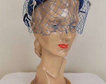 1950's 1960's Blue Felted Wool Hat with Netting and Bows #0782014A