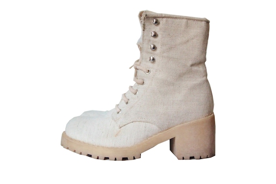 90s Combat boots beige canvas chunky platform rubber sole