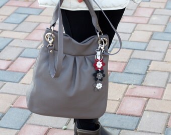 GRAY BUCKET Leather Bag, TOTE Leather Bag, Leather Shoulder Bag, Soft Pebbled Leather Bag, Leather Bucket Bag, Everyday Leather Bag