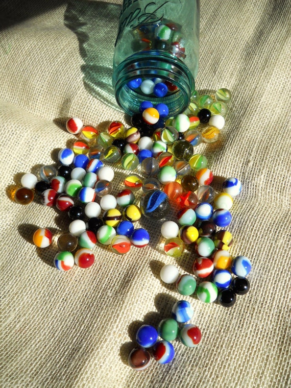 Vintage Blue Mason Jar with marbles