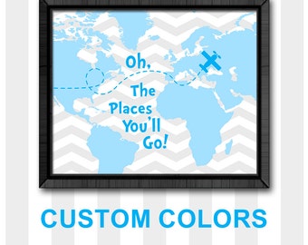 oh the place you'll go, aviation nursery, dr seuss nursery gift for boys, chevron baby boy nursery, boys room decor, playroom art, baby gift
