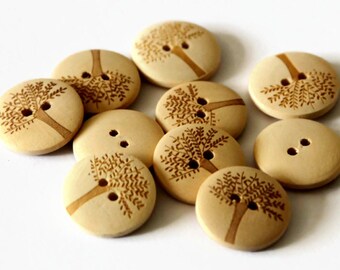 10 Wooden Buttons 20mm - Tree Printed Button - Tree Etched Buttons - Round Natural Wood - NW43
