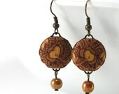Dangle Earrings - Autumn Flowers - Brown Flowers and Leaves with Unique Iridescent Czech Beads - Warm Fall Fabric Covered Buttons Earrings