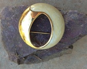 Napier Round Shiny Goldtone and Creamy Pearl Enamel Brooch Free Shipping