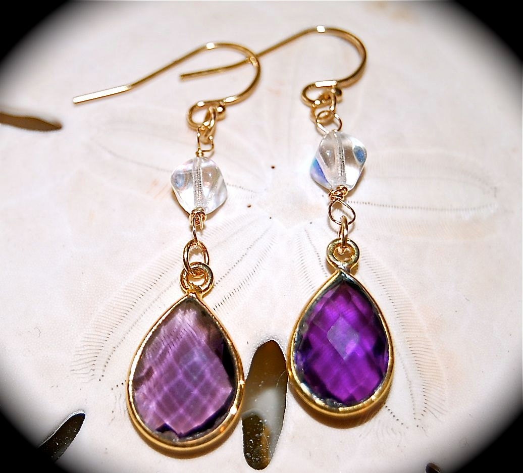 Purple Earrings Purple Stone Earrings Purple and Gold