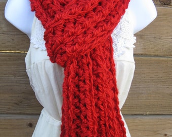 Crochet long scarf in bright red, red scarf, chunky red scarf, long cozy scarf