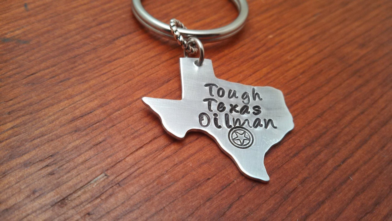 Hand stamped personalized Texas Key chain oilfield.