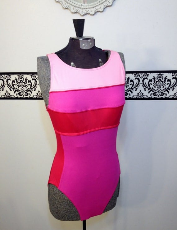 1980's Hot Pink Color Blocked One Piece Swim Suit by