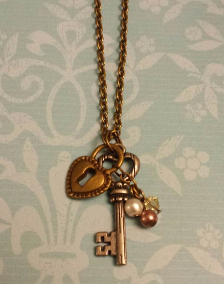 Lock and Key Charm Necklace Heart-shaped lock and key charms