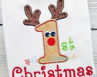 1st First Christmas Reindeer Digital Machine Embroidery Applique Design 3 Size, rudolph applique, reindeer applique, 1st christmas, baby's