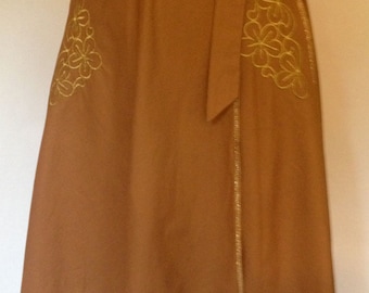 1970s Philippe Salvet Cotton Rust Colored A-Line Wrap Skirt with Gold Embroidery/ Made in France/Never Worn